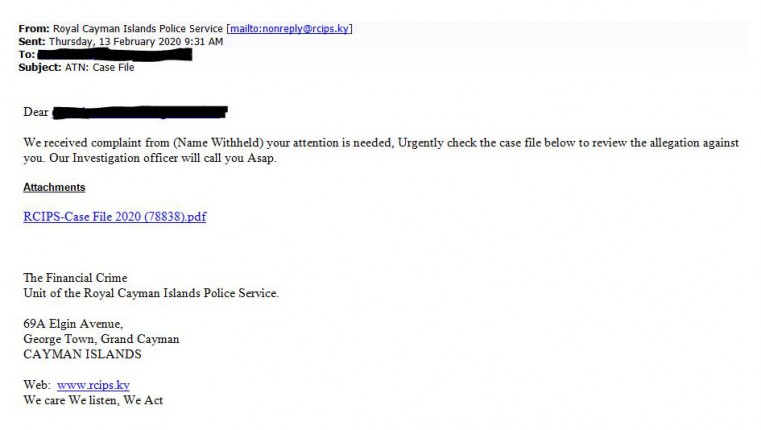 RCIPS FCIU Warns of Scam Email