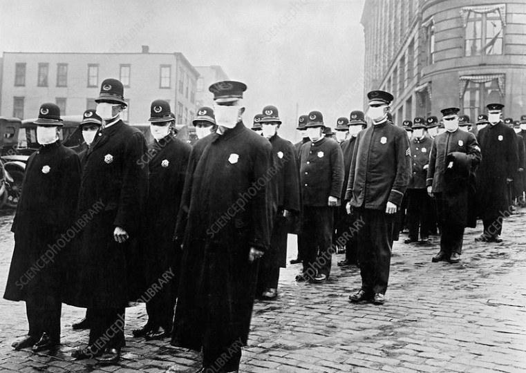 Policemen wearing face masks, USA,1918