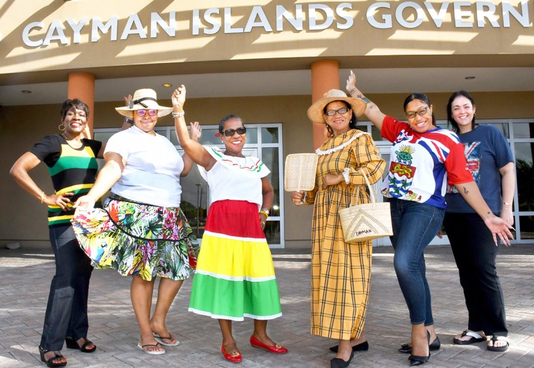 Civil service personnel show support for CNCF’s Dress for Culture Day Friday on the steps of the Government Administration Building (Photo by Bina Mani, GIS)