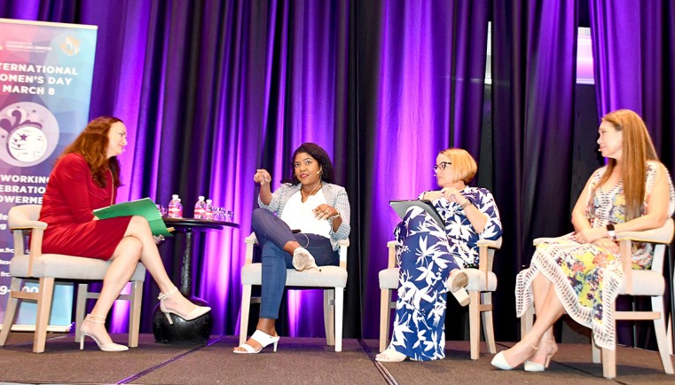 Moderator Tammy Ebanks questions panelists: (L-R) Giselah Ebanks, Janet Hislop and Angelyn Hernandez at the Honouring Women Month International Women’s Day Brunch at the Kimpton Seafire on Sunday, 7 March 2021