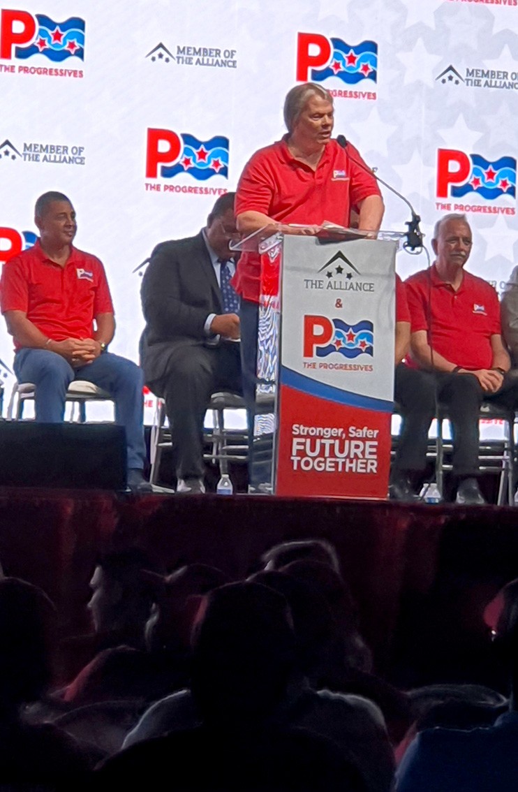 Cayman Islands Deputy Premier Moses Kirkconnell delivers his remarks at the Progressives’ Alliance launch at AL Thompson’s in George Town on Saturday, 13th March