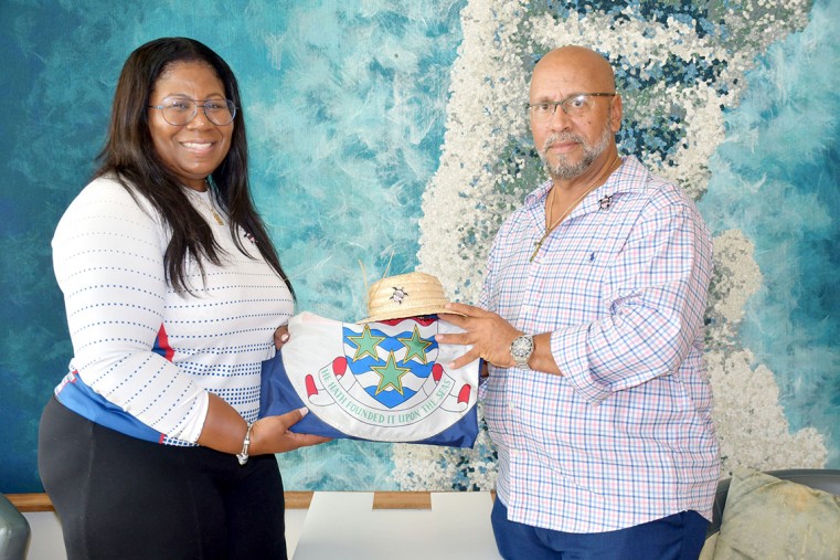 (L-R) Cayman Islands Olympic Committee Chef de Mission Janet Sairsingh, CIOC Secretary General Carson Ebanks and CIOC President Lori Powell following the flag presentation ceremony held at the Westin Hotel on Saturday, 10 July 2021