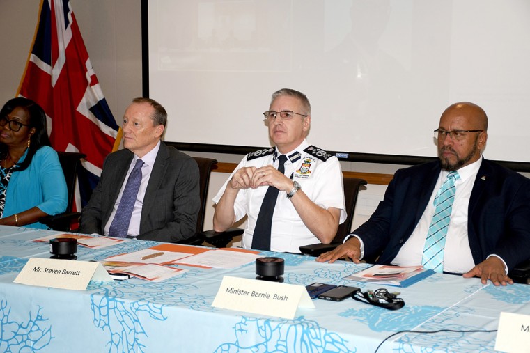 (L-R) Dr Beverly Shirley of UWI’s Open Campus, His Excellency The Governor, Martyn Roper, Director of Prisons Steven Barrett and Hone Affairs Minister, Hon. Bernie Bush during the signing ceremony of the historic MOU, which will allow inmates of local pri