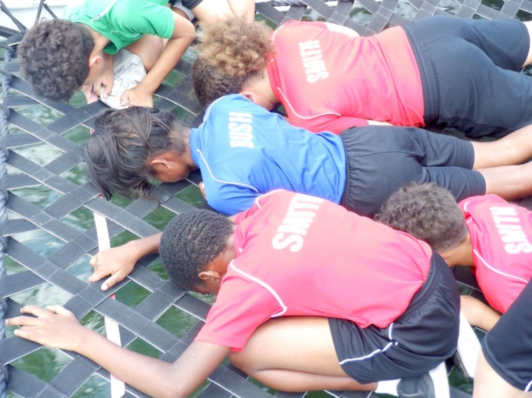 Year 5 students from Sir John A. Cumber Primary School study seagrass at the Central Mangroves Wetlands through the netting on board the Red Bay Sports catamaran