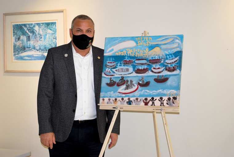 Deputy Governor and Head of the Civil Service, Hon. Franz Manderson views the “My Art is My Life” travelling show at the Government Administration Building’s Cayman Gallery recently