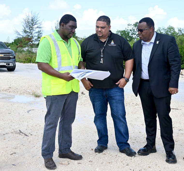 (left to right) Managing Director, National Roads Authority, Edward Howard, Infrastructure Minister Hon. Jay Ebanks and Deputy Premier Hon. Chris Saunders during a tour of several road projects across