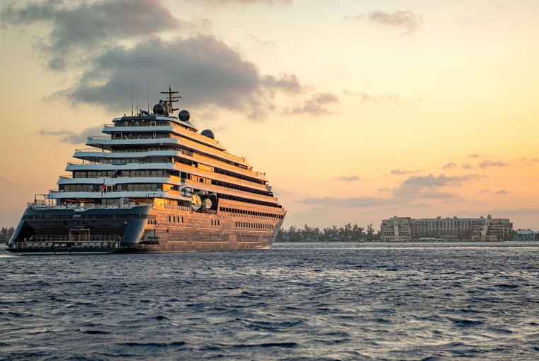The Evrima anchored offshore Seven Mile Beach, Grand Cayman