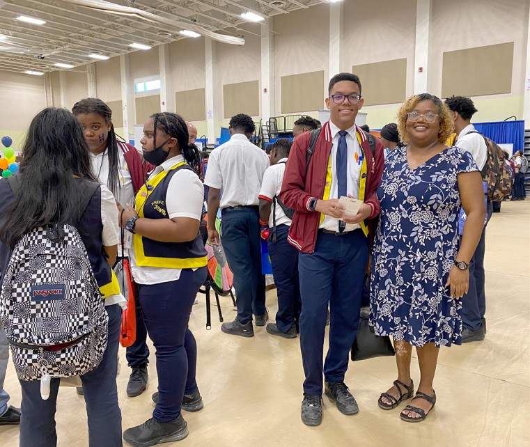 Prefect Joshua Clarke and Careers Advisor Tania Johnson at the John Gray Careers Fair