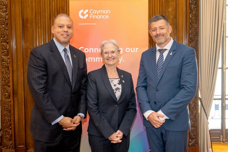 The Honourable Andre Ebanks, MP, Minister of Financial Services & Commerce, Her Excellency the Governor, Mrs Jane Owen, and Cayman Finance CEO, Steve McIntosh at the first of two international events