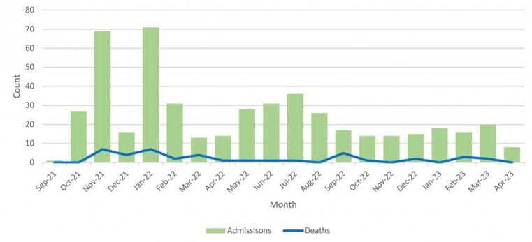 Monthly hospitalisations and deaths (since 8 September 2021a) a First COVID-19 patient was in March 2020, but hospitalisation figures begin September 2021 for graphical reasons.