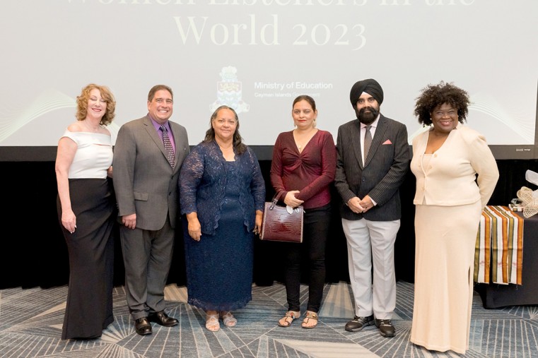 Hon. Juliana O’Connor-Connolly (third from left) stands alongside Global Listening Centre Executive members, (l-r) Dr. Paaige Turner, Dr. David McMahan, Tejinder Kaur, Mr. Sardool Singh, and Dr. Jo-An
