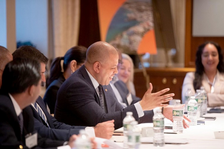 Deputy Premier and Minister for Financial Services and Commerce, the Hon. Andre Ebanks MP, speaks at Cayman Finance’s industry roundtables in New York City, during a visit from 13-21 March that also t