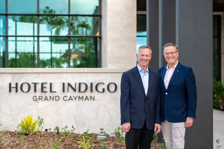 Jolyon Bulley (left), IHG Hotels and Resorts CEO for the Americas with General Manager of Hotel Indigo Grand Cayman, Steven Andre.