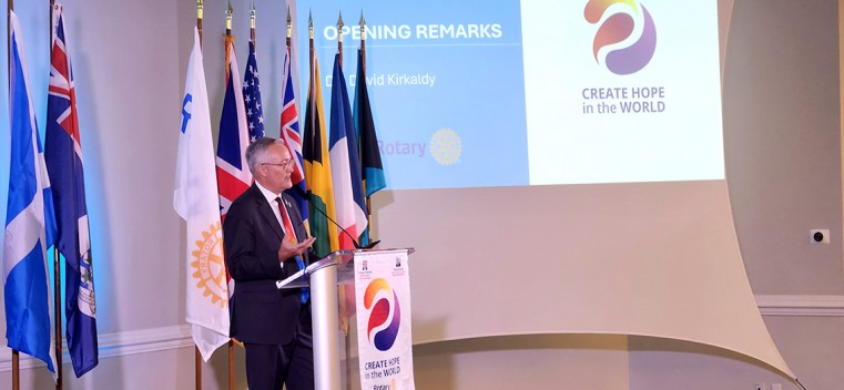 Rotary District 7020 Governor David Kirkaldy addresses the audience at the opening ceremony for the District 7020 Create Hope 2024 Presidents Elect Training Seminar (PETS) and Conference.