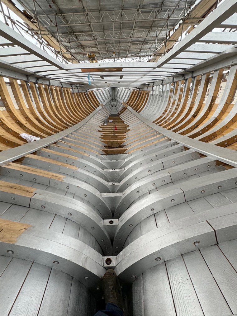 Ongoing restoration of the hull of S.V. Fair Weather in Gloucester, UK.