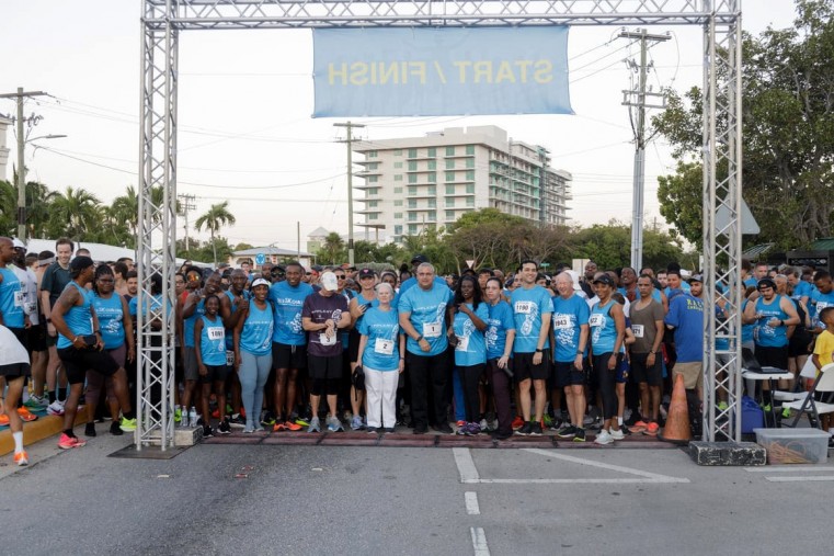 (L-R) Norman Klein, (fourth from left) Managing Partner of Appleby, the diamond sponsor of the DG’s 5K Challenge lines up alongside, Governor Jane Owen, Deputy Governor Franz Manderson and other parti