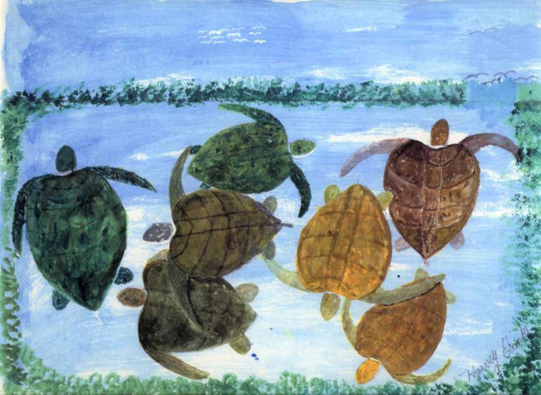 Harvey Ebanks – Green Sea Turtles, c. 1995, Acrylic on Paper, 9 x 12”, Cayman Islands National Museum Collection